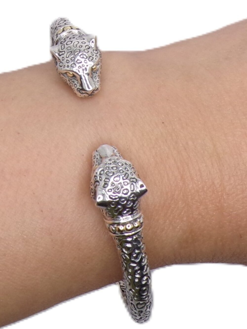 🐆 Sterling Silver Leopard Head Cuff Bracelet, Bali Silver 925 Sz M-L